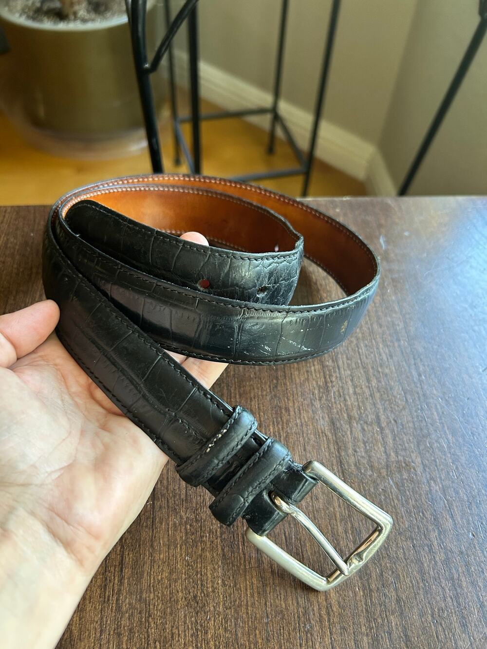 Faconnable belt handcrafted in France black leather croc embossed size 34
